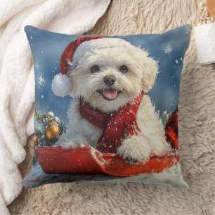 Bichon Frise Dog in Sledge Let it Snow Christmas  Throw Pillow