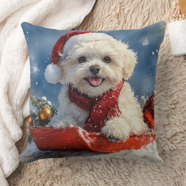 Bichon Frise Dog in Sledge Let it Snow Christmas  Throw Pillow (Blanket)