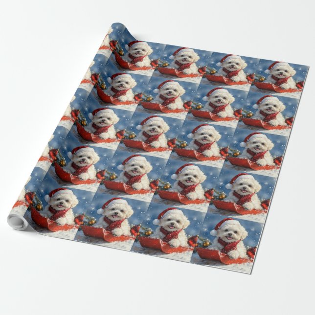 Bichon Frise Dog in Sledge Let it Snow Christmas  Wrapping Paper (Unrolled)