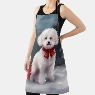 Bichon Frise Dog in Snow Christmas Apron