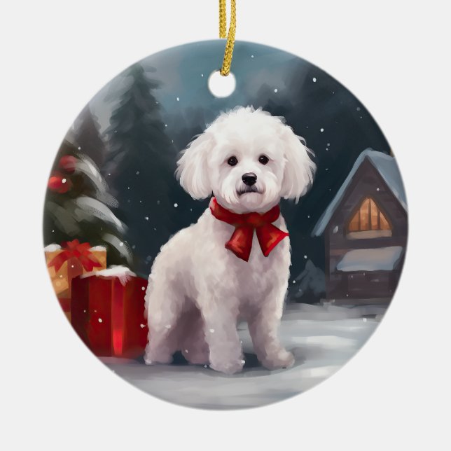 Bichon Frise Dog in Snow Christmas  Ceramic Ornament (Front)