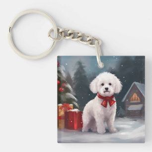 Bichon Frise Dog in Snow Christmas  Keychain