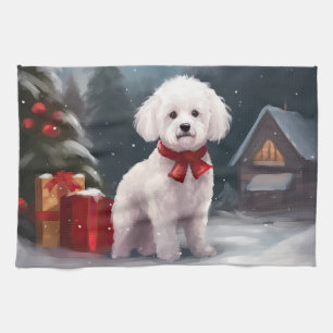Bichon Frise Dog in Snow Christmas  Kitchen Towel
