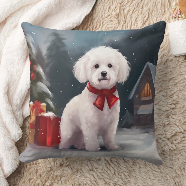 Bichon Frise Dog in Snow Christmas  Throw Pillow (Blanket)