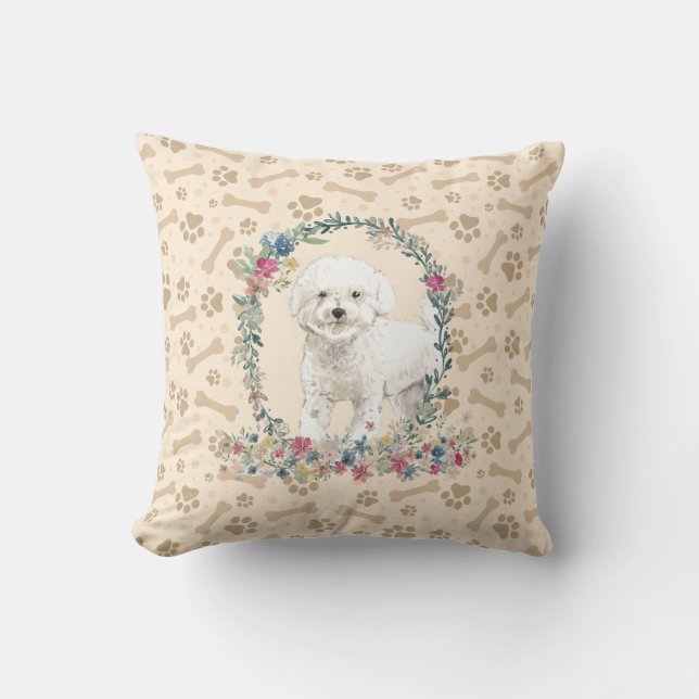 Bichon Frise Dog Paw Print & Floral Cute Throw Pillow (Front)