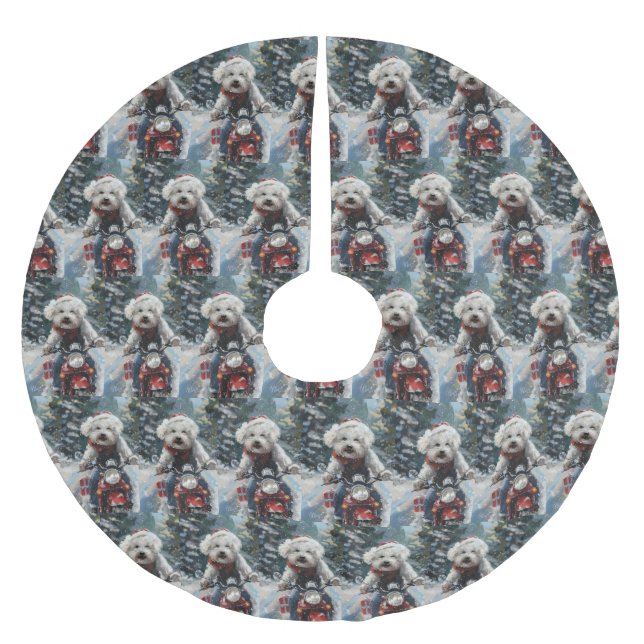 Bichon Frise Dog Riding Motorcycle Christmas Brushed Polyester Tree Skirt (Front)