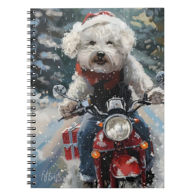 Bichon Frise Dog Riding Motorcycle Christmas Notebook (Front)