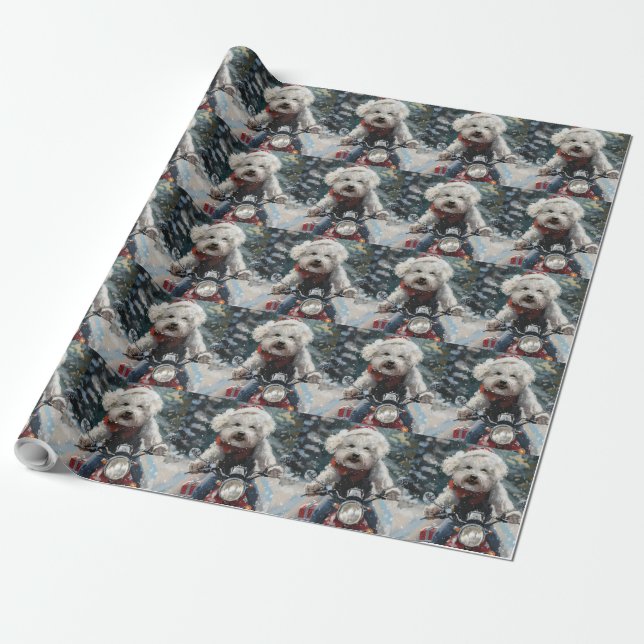 Bichon Frise Dog Riding Motorcycle Christmas Wrapping Paper (Unrolled)
