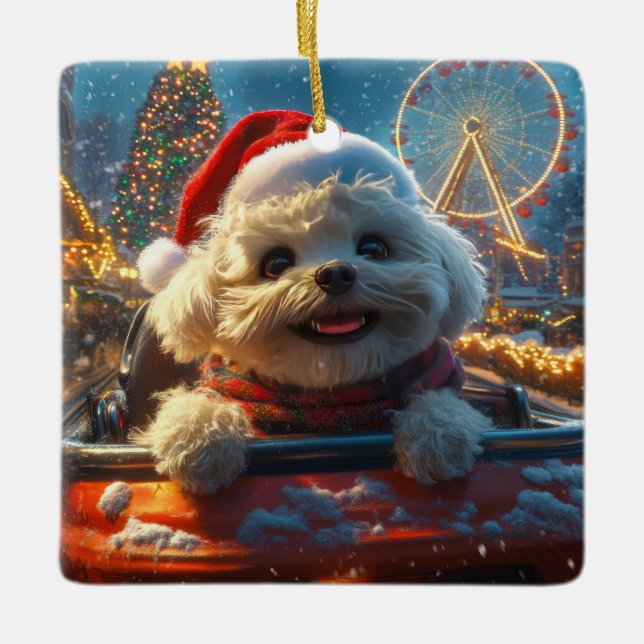 Bichon Frise Dog Roller Coaster Christmas Ceramic Ornament (Front)