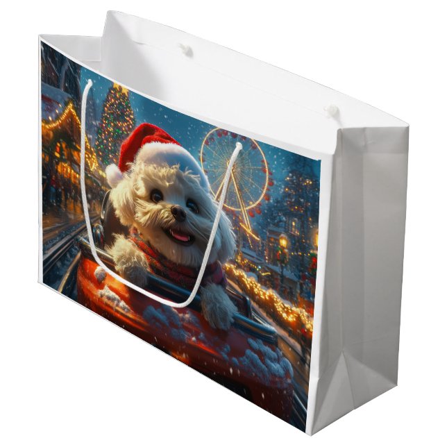 Bichon Frise Dog Roller Coaster Christmas Large Gift Bag (Front Angled)