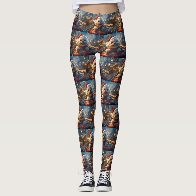 Bichon Frise Dog Roller Coaster Christmas Leggings (Front)