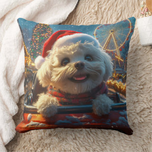 Bichon Frise Dog Roller Coaster Christmas Throw Pillow