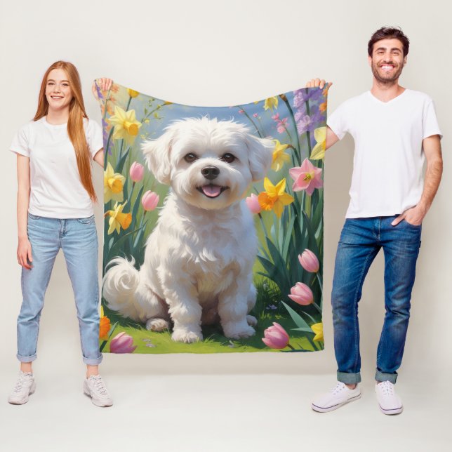 Bichon Frise Dog Spring Flowers Painting Fleece Blanket (In Situ)