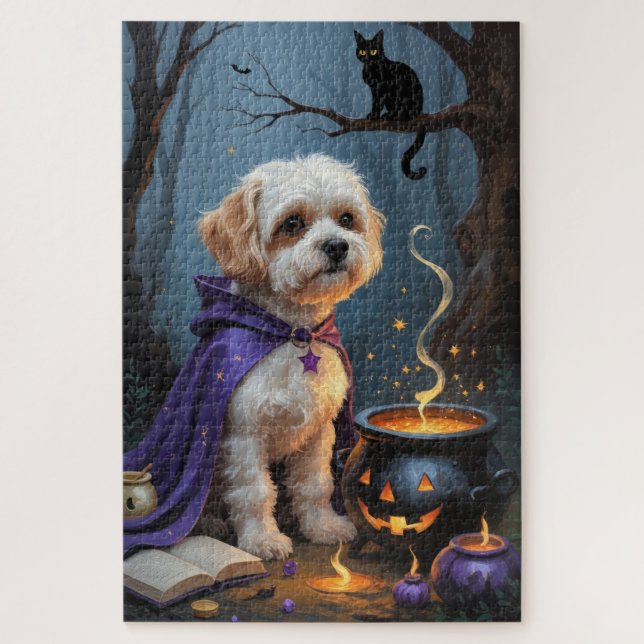 Bichon Frise Dog Whimsical Halloween Painting Jigsaw Puzzle (Vertical)
