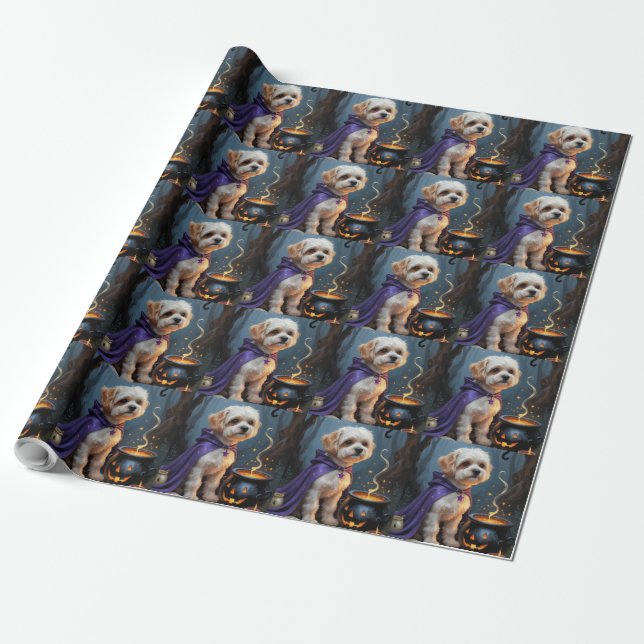 Bichon Frise Dog Whimsical Halloween Painting Wrapping Paper (Unrolled)