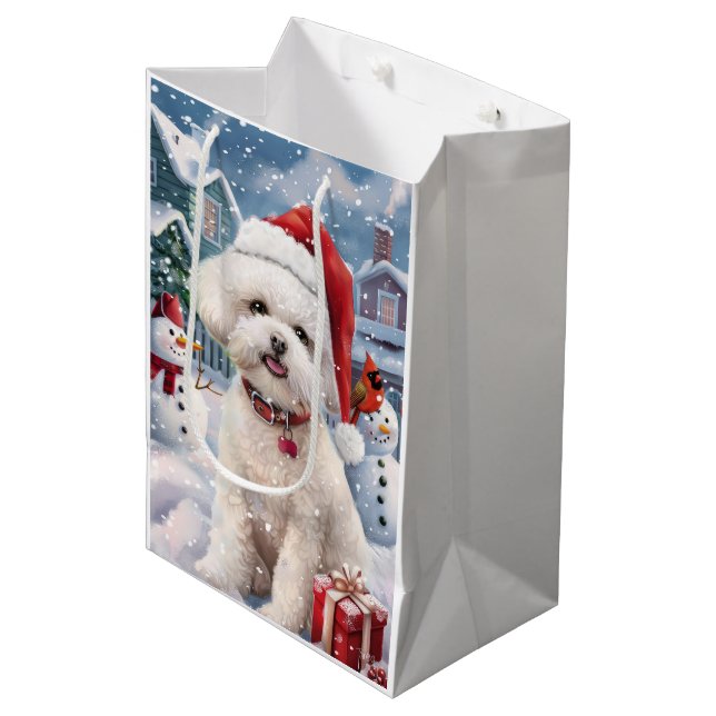 Bichon Frise Dog Winter Wonderland Christmas Joy Medium Gift Bag (Front Angled)