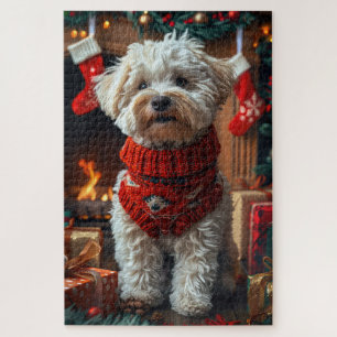 Bichon Frise Dog with Christmas Gifts Fireplace Jigsaw Puzzle