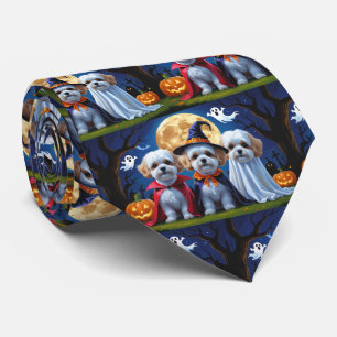 Bichon Frise Dogs Pumpkin Halloween Funny Tie