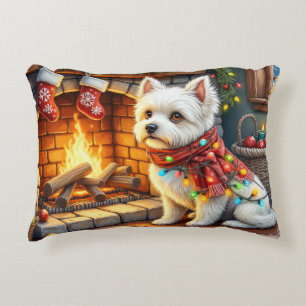 Bichon Frise Fireplace with Christmas Lights Accent Pillow