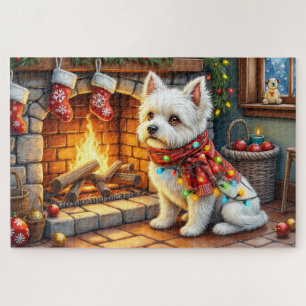 Bichon Frise Fireplace with Christmas Lights Jigsaw Puzzle