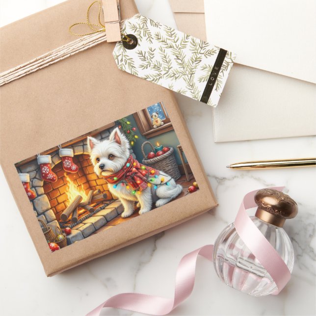 Bichon Frise Fireplace with Christmas Lights Sticker (Gifting)