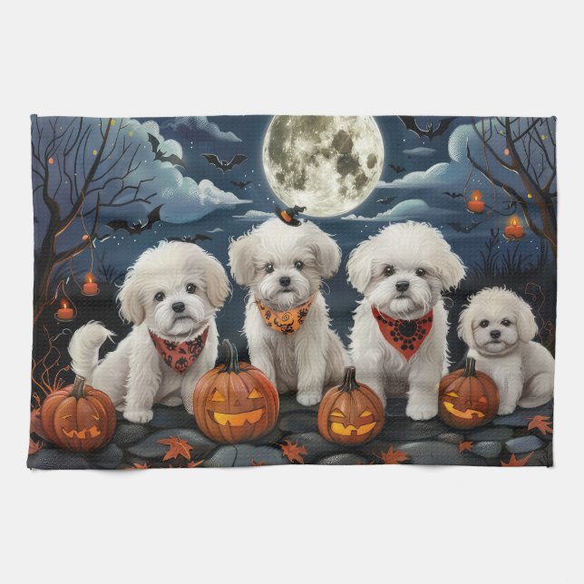 Bichon Frise Halloween Spooky Kitchen Towel (Horizontal)