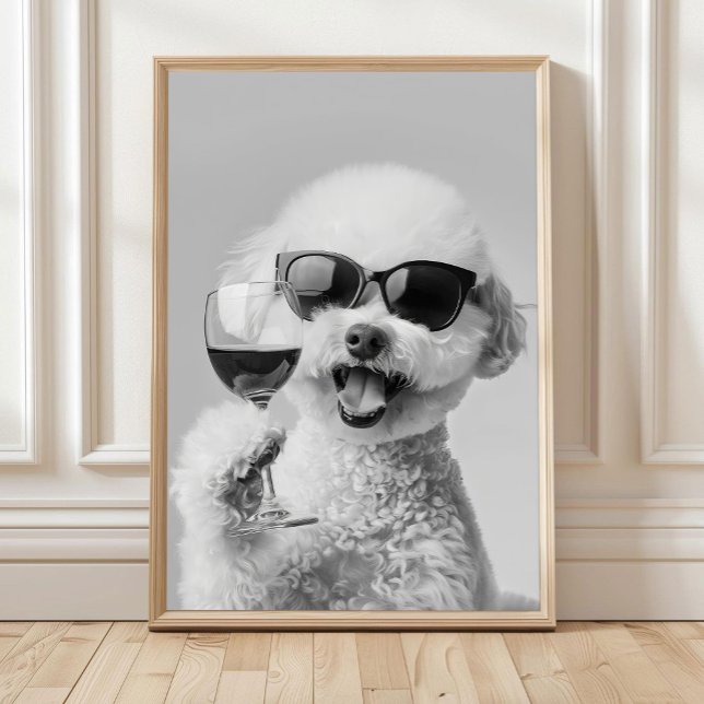 Bichon Frise Holding Wine Wall Art, Black and Whit Poster (Creator Uploaded)