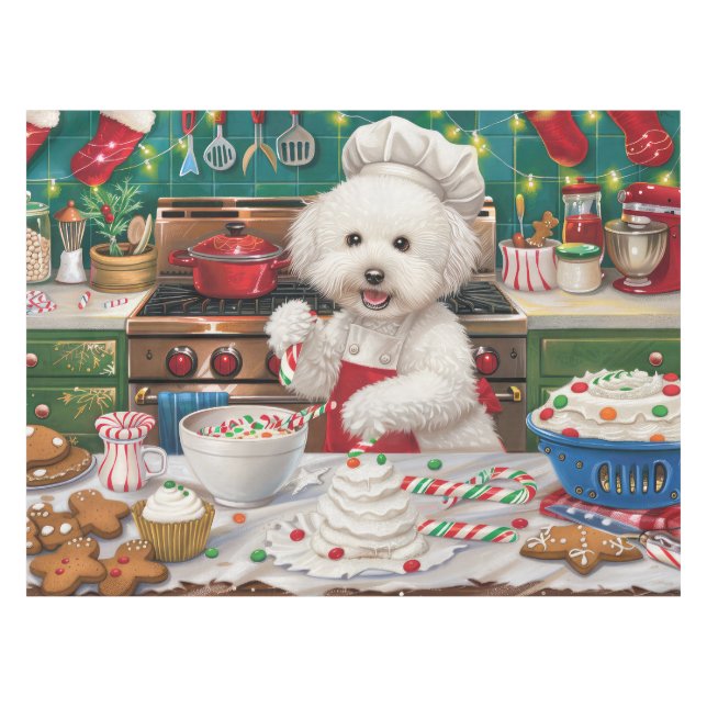 Bichon Frise Holiday Baking: Festive Christmas Tablecloth (Front (Horizontal))