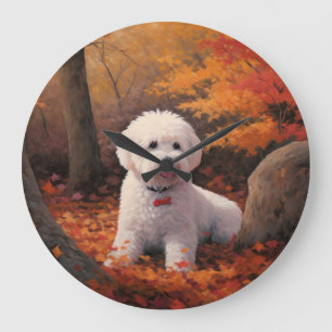Bichon Frise in Autumn Leaves Fall Inspire  Large Clock
