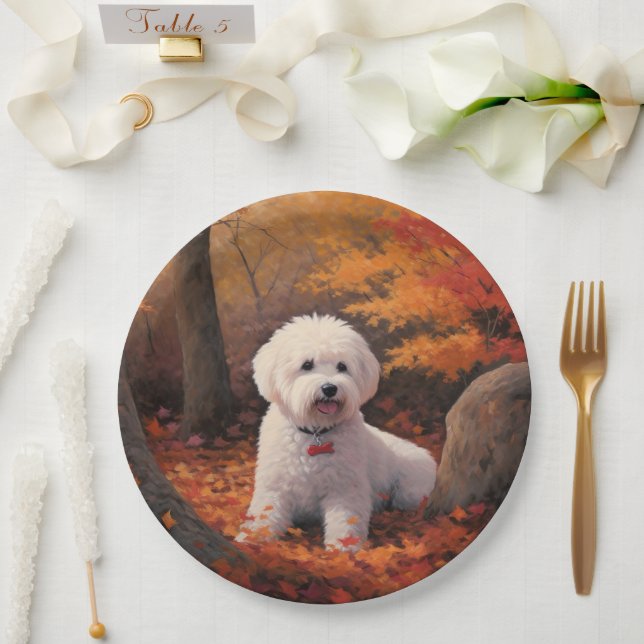 Bichon Frise in Autumn Leaves Fall Inspire  Paper Plate (Wedding)
