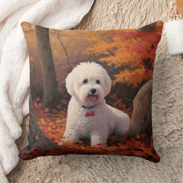 Bichon Frise in Autumn Leaves Fall Inspire  Throw Pillow (Blanket)