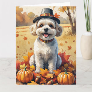 Bichon Frise In Autumn Leaves Thanksgiving Art Card