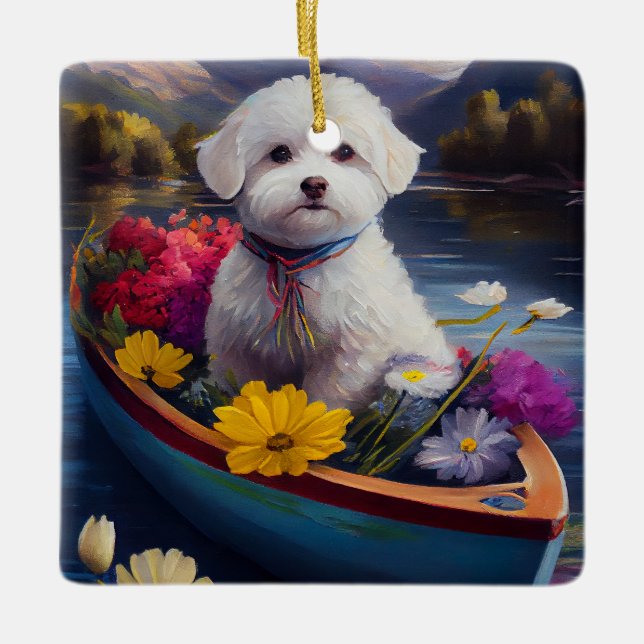 Bichon Frise on a Paddle: A Scenic Adventure Ceramic Ornament (Front)