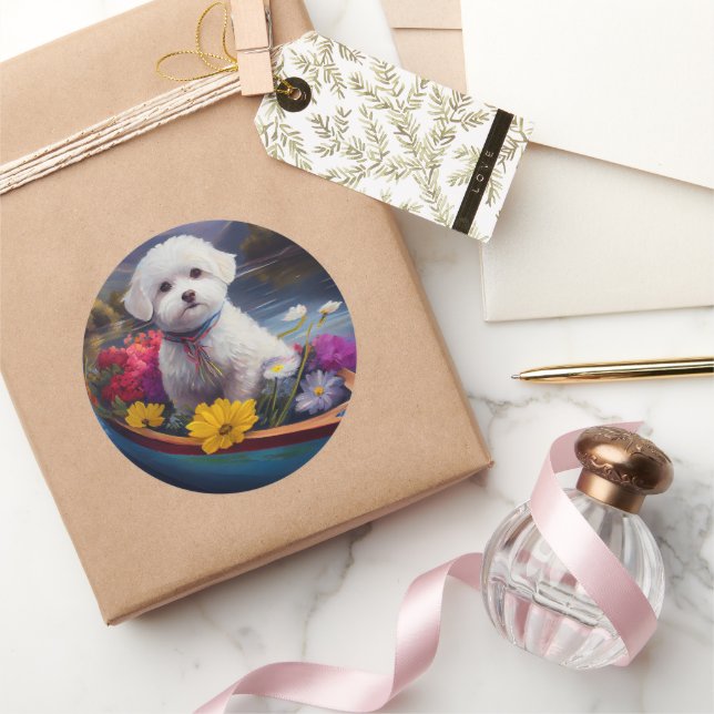 Bichon Frise on a Paddle: A Scenic Adventure Classic Round Sticker (Gifting)