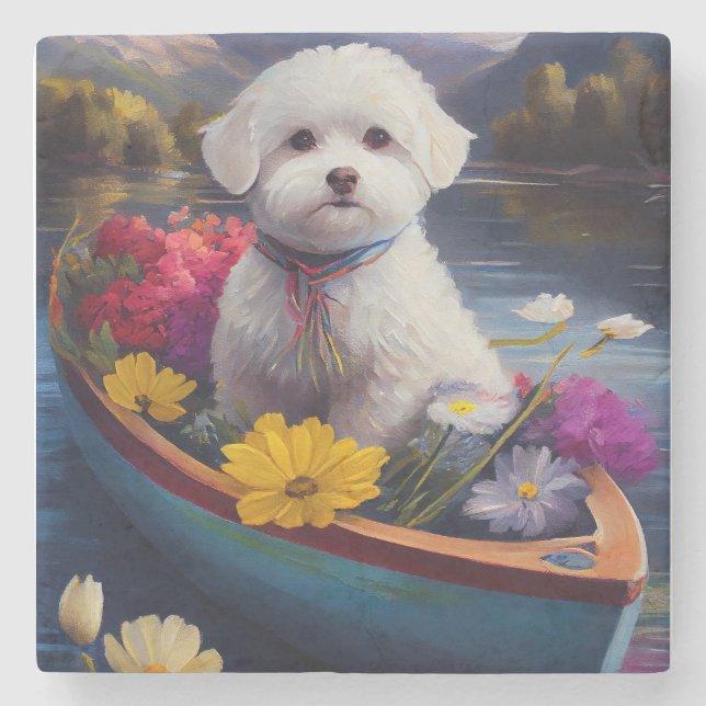 Bichon Frise on a Paddle: A Scenic Adventure Stone Coaster (Front)
