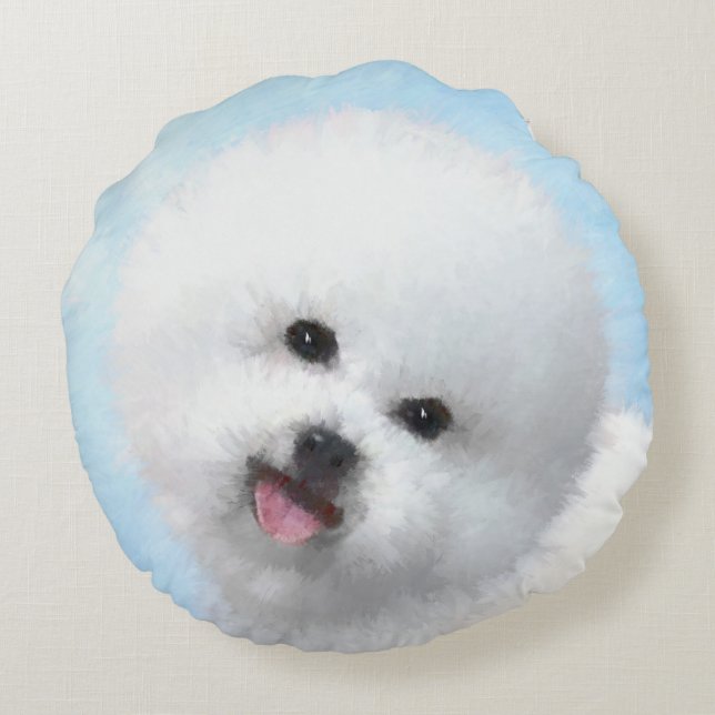 Bichon Frise Painting - Cute Original Dog Art Round Pillow (Back)