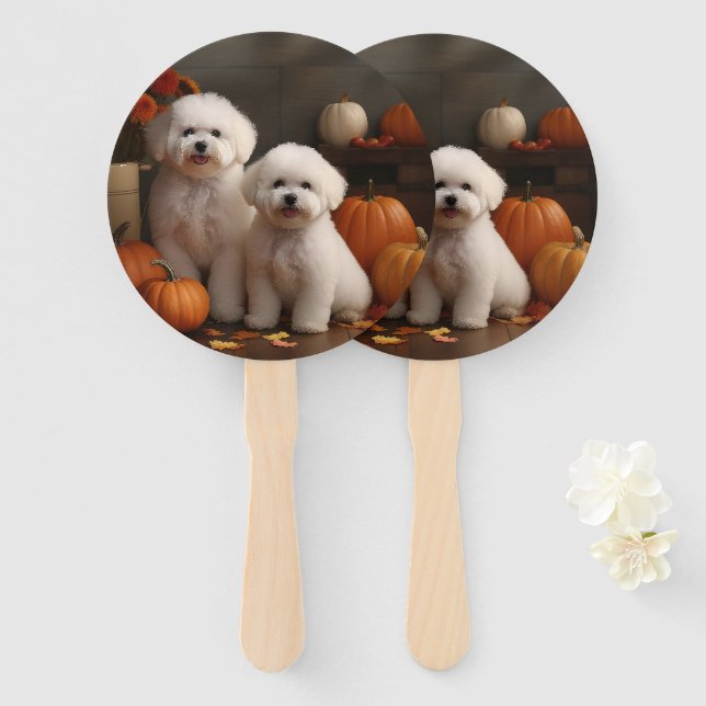 Bichon Frise Puppy Autumn Delight Pumpkin  Hand Fan (Front and Back)