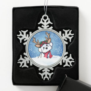 Bichon Frise Reindeer Christmas Snowflake Pewter Christmas Ornament