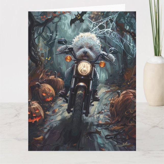 Bichon Frise Riding Motorcycle Halloween Scary Card (Front)