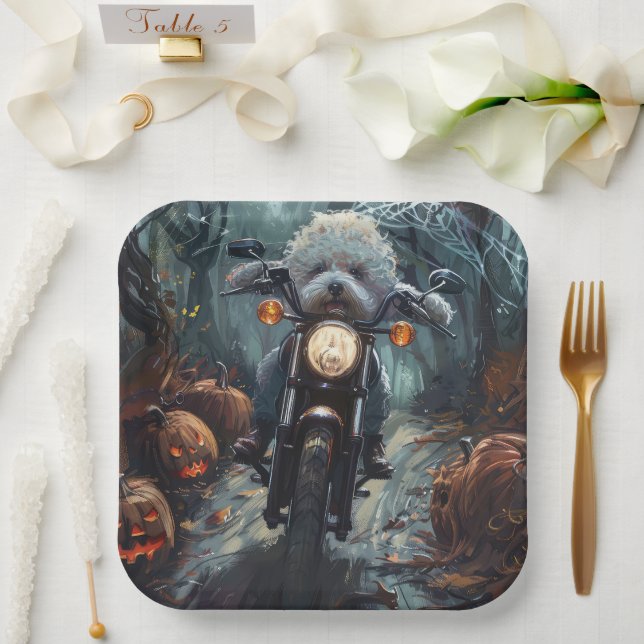 Bichon Frise Riding Motorcycle Halloween Scary Paper Plate (Wedding)