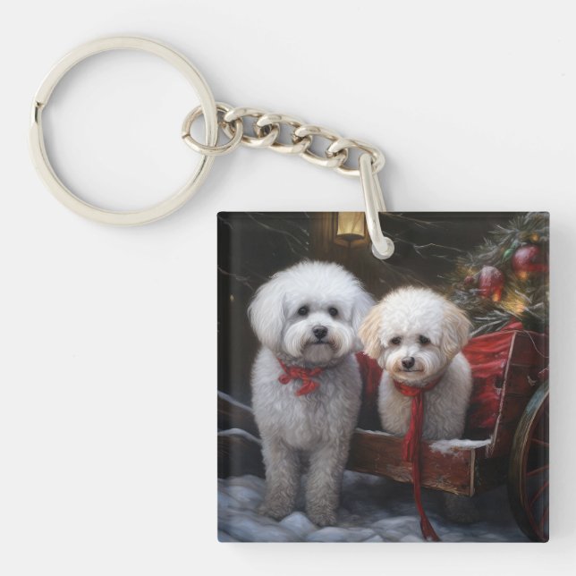 Bichon Frise Snowy Sleigh Christmas Decor Keychain (Front)