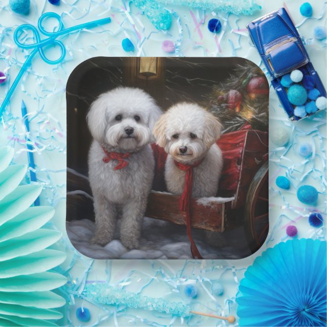 Bichon Frise Snowy Sleigh Christmas Decor Paper Plate (Party)