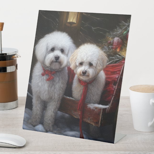 Bichon Frise Snowy Sleigh Christmas Decor Pedestal Sign (In SItu)