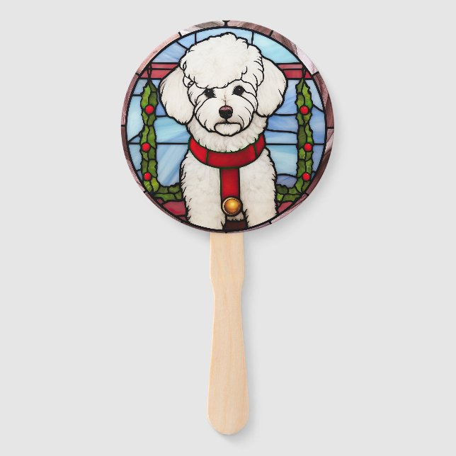 Bichon Frise Stained Glass Christmas  Hand Fan (Front)