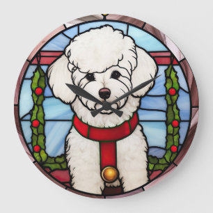 Bichon Frise Stained Glass Christmas  Large Clock