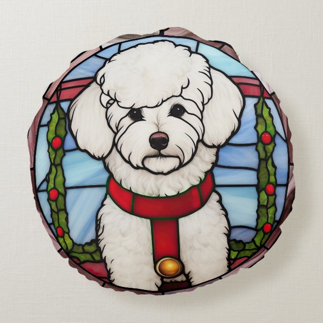 Bichon Frise Stained Glass Christmas  Round Pillow (Back)