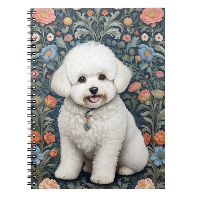 Bichon Frisé William Morris Inspired Floral Notebook (Front)