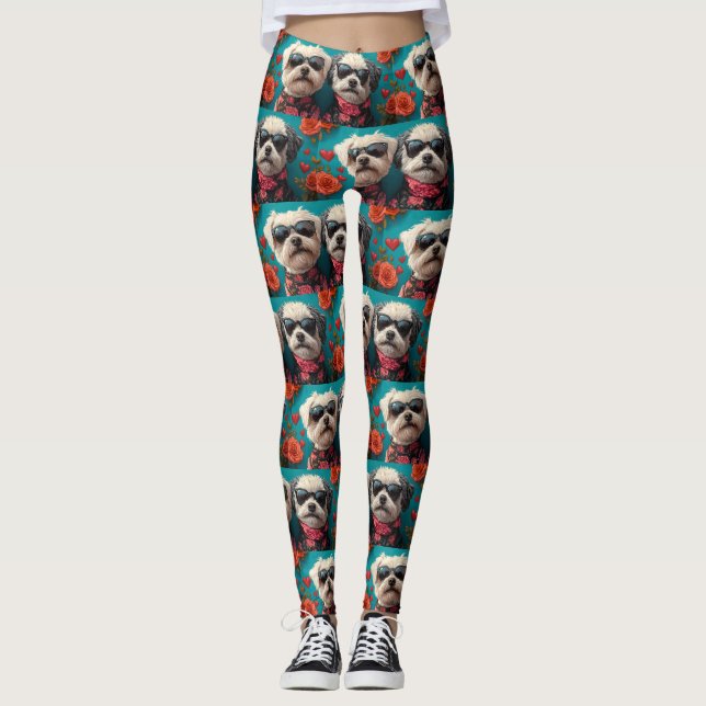 Bichon Frise With Heart Roses Valentine's Day Leggings (Front)