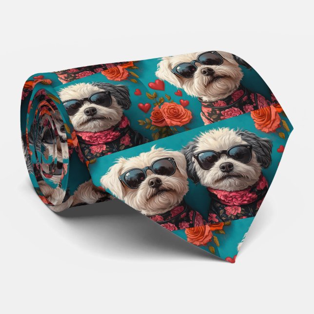 Bichon Frise With Heart Roses Valentine's Day Tie (Rolled)