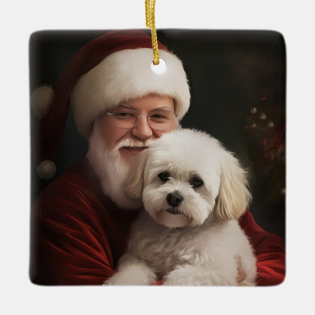 Bichon Frise with Santa Claus Festive Christmas  Ceramic Ornament (Front)